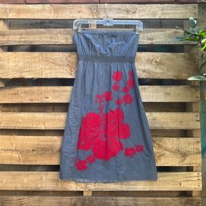 Roxy Strapless Blue Chambray Dress with Red Hibiscus Floral Print